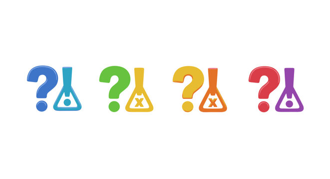 Vivid 3D icons of question marks and exclamation points in a rainbow of colors, including blue, green, yellow, red, and purple, arranged in a clean, ordered line against a stark black background