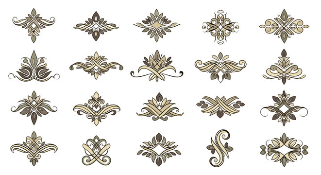 Set of 20 Vintage Decorative Flourishes and Ornaments, Vector Cartoon Illustration with Swirls and Elegant Designs, Perfect for Badges, Logos, and Graphic Resources with a Classic Aesthetic, Isolated