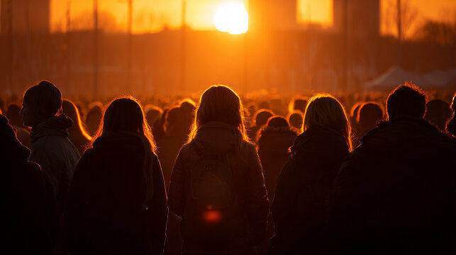 Back view of silhouetted crowd watching sunrise with warm glowing sky creating a peaceful inspiring scene symbolizing hope unity reflection and the beauty of new beginnings