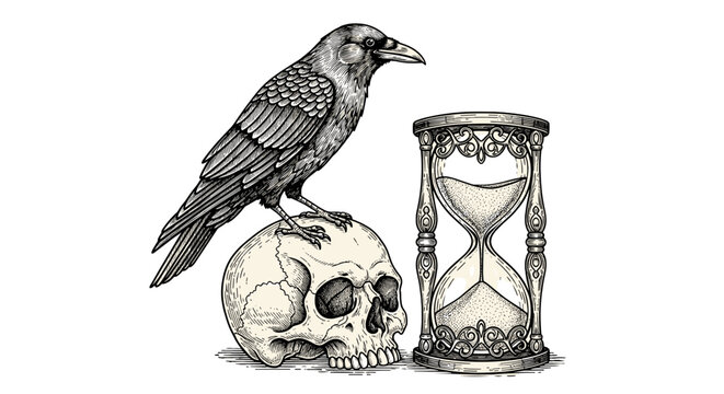 Intricate engraved illustration featuring a detailed crow perched atop a human skull, juxtaposed with an ornate hourglass, symbolizing the passage of time and mortality, rendered in a classic retro