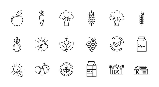 Organic food label line icon set with name, vector illustration. Ordered line icon set on white background. Try to avoid text, no text. Small to medium. Apple, carrot, broccoli, wheat, grapes, milk