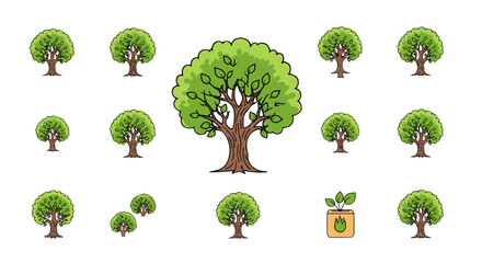 A collection of stylized green trees of varying sizes, including a large central tree and smaller saplings, set against a stark black background, symbolizing growth, nature, and the environment.