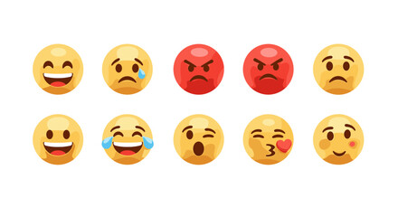 Collection of diverse 3D emoji faces showcasing a spectrum of emotions, from joy and laughter to anger and sadness, presented in a clean, organized line against a dark background, ideal for digital