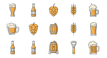A vibrant collection of flat line art icons representing beer and brewing elements, perfect for infographics, articles, books, flyers, and banners, featuring beer glasses, bottles, hops, wheat