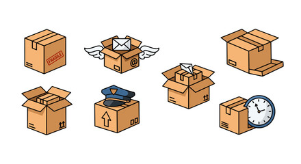 Set of vector cartoon illustrations depicting various aspects of postal and delivery services, including sealed and open boxes, a "fragile" label, a postal cap, winged mail, and a clock indicating