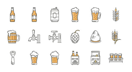 Vibrant Collection of Beer-Related Icons: Featuring Bottles, Cans, Mugs, Taps, Hops, Wheat, and More, Perfect for Infographics, Articles, Books, Flyers, and Banners. Editable Stroke Vector Cartoon