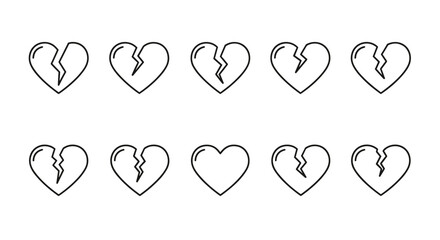 Collection of broken heart line icons, representing heartbreak, sadness, and relationship issues. These versatile outline symbols are perfect for graphic design, web elements, app interfaces