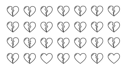 Set of broken heart line icons, representing heartbreak, sadness, and relationship problems. These simple, outline vector graphics are perfect for graphic design, web design, apps, advertisements