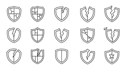 Collection of broken shield line icons, representing vulnerability, damage, and failure. Includes cracked, shattered, and fractured shield designs suitable for graphic design, web, apps, and