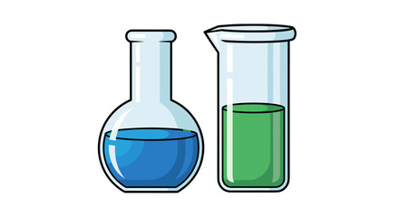 Vivid vector illustration of a laboratory flask containing blue liquid and a beaker filled with green liquid, symbolizing scientific research, chemical experiments, and educational concepts in a