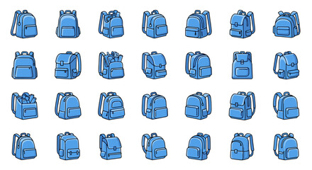 Collection of vibrant, minimalistic linear pictograms representing blue backpacks or school bags, ideal for web and graphic design, app interfaces, banners, and social network content, showcasing a