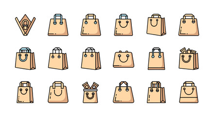 Collection of beige shopping bag icons in a minimalist linear pictogram style, perfect for web design, graphic design, apps, banners, social networks, and e-commerce applications, featuring various