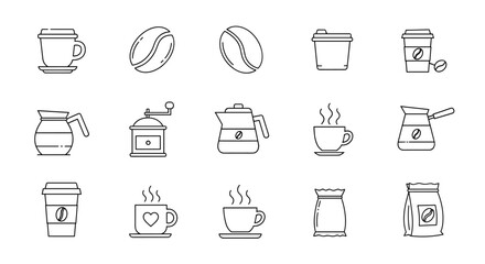 Collection of simple linear outline icons representing coffee-related items, including cups, beans, grinders, and brewing pots, perfect for web, books, cards, and apps, editable stroke, vector