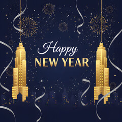 Golden Empire State Buildings Celebrate New Year's Eve with Fireworks