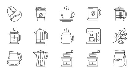 Collection of stylized white outline icons representing coffee-related items on a black background, perfect for graphic and web design, apps, adverts, and various cards, including coffee beans, cups