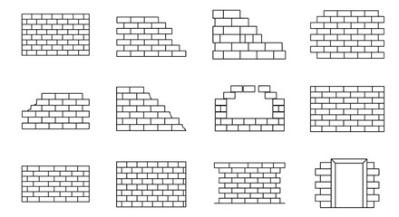Collection of 12 outline brick wall icons, including intact walls, broken sections, and a doorway, perfect for infographics, articles, books, flyers, and banners, presented as editable stroke vector