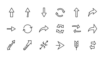 Collection of outline arrow icons, including straight, curved, and circular designs, perfect for graphic and web design, app interfaces, advertisements, and various digital or print materials. This