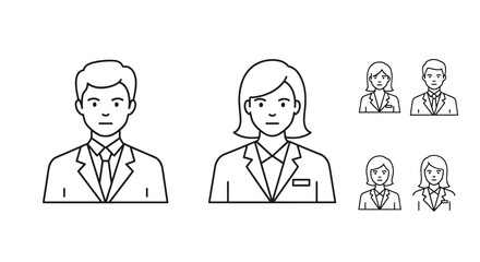 Professional business people icons, a man and a woman in suits, representing company staff and official representatives. This thin line customizable illustration features contour symbols for a modern