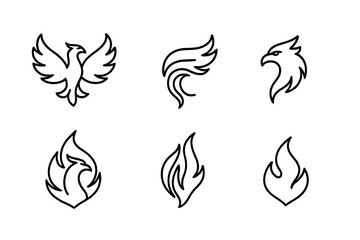 Obraz premium Different designs of phoenixes and flames in simple line art style showcasing creativity and inspiration