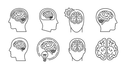 Collection of stylized brain illustrations within human heads, symbolizing thought, ideas, and cognition. Includes gears, lightbulbs, and abstract representations, perfect for educational