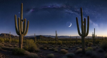 Saguaro Cactus Desert Landscape Under a Crescent Moon and Starry Night Sky.
