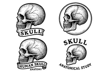 Fototapeta premium Engraved illustrations featuring detailed human skull designs showcasing anatomical precision and artistic flair