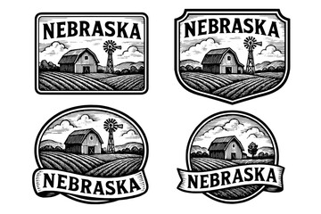 Obraz premium Engraved vector illustrations showcasing Nebraska's iconic rural landscapes and vintage barns