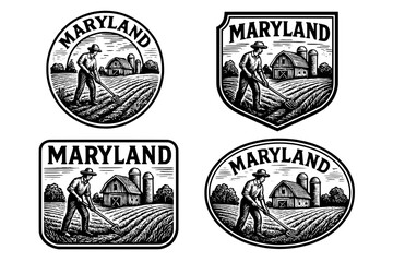 Obraz premium Engraved illustrations showcasing Maryland's farming heritage with intricate designs of workers and landscapes