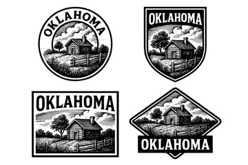 Obraz premium Engraved illustrations of vintage Oklahoma homestead scenes with rustic charm and nature details