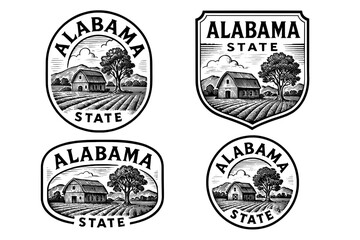 Engraved vector illustrations showcasing Alabama state motifs with rustic landscapes and historical charm