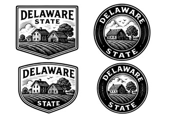 Obraz premium Engraved vector illustration set featuring Delaware state landmarks and rural scenes in a classic style