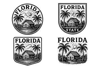 Engraved vector illustrations of Florida state badges with charming cottages and palm trees