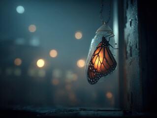 Glowing butterfly resting inside a glass container with a warm light, surrounded by a misty atmosphere and blurred city lights in the background at night.