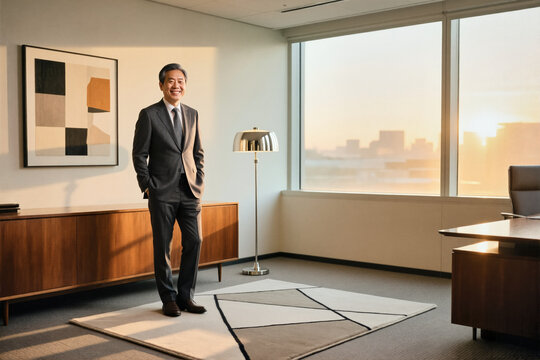 A smiling Asian man in a dark suit stands confidently in a modern office, with large windows showing a city skyline at sunset and contemporary furniture and decor around him. - Powered by Adobe