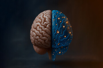 Naklejka premium Human and Artificial Intelligence Hybrid Brain — Merging Biology with Digital Technology Concept