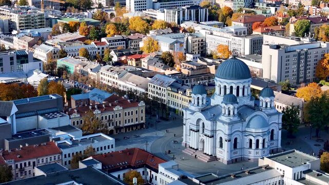 Soboras - St. Michael the Archangel Church Sobor. Aerial drone 4k video footage of Kaunas city center and Laisves aleja, Liberty avenue in Kaunas. Autumn