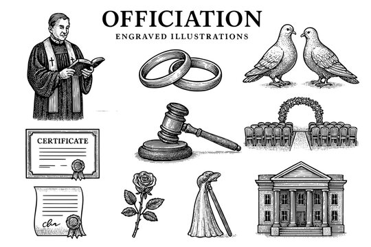 Engraved illustrations capturing the essence of officiation ceremonies and significant moments in life