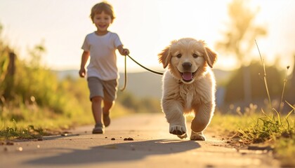 A young boy happily runs alongside his energetic golden retriever puppy on a sunny path, creating a heartwarming scene of friendship and outdoor fun