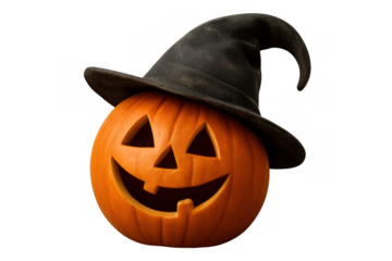 Jack-o'-lantern pumpkin wearing a witch hat, smiling face, celebrating halloween holiday with a transparent background