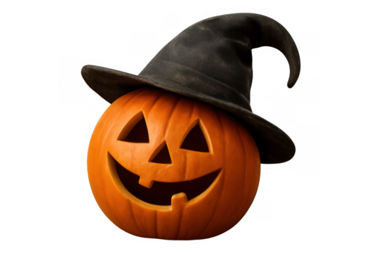 Jack-o'-lantern pumpkin wearing a witch hat, smiling face, celebrating halloween holiday with a transparent background