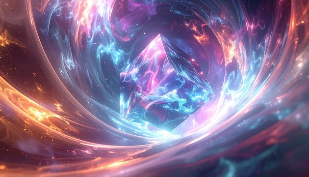 A radiant crystalline structure at the heart of a swirling vortex of vibrant, abstract cosmic energy and light