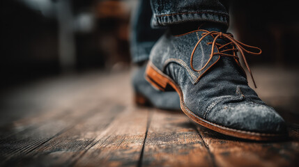Classic leather shoes standing on rustic wooden floor with blurred background, showcasing craftsmanship and style in a warm, ambient setting.
