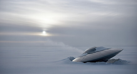 UFO emerging from snowy field under cloudy sky, concept of extraterrestrial life, cosmic exploration, or alien encounters.