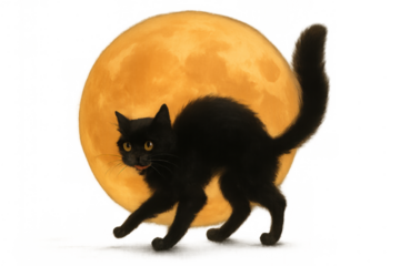 Black cat arching its back, hissing and looking scared in front of a full orange moon, halloween superstition