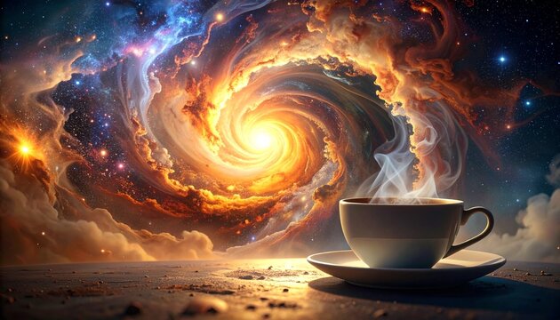 A tranquil moment of warmth as a steaming coffee cup stands before a breathtaking, swirling cosmic galaxy, evoking a universal connection between comfort and the infinite wonders of space