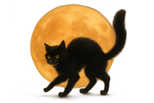 Black cat arching its back, hissing and looking scared in front of a full orange moon, halloween superstition