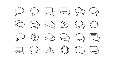 A diverse collection of vibrant and expressive speech bubble line icons, presented as outline signs perfect for graphic design, web development, app interfaces, advertising materials, and various