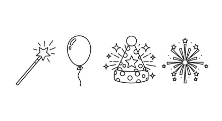 Vibrant Line Icon Set for Celebrations, Featuring Magic Wand, Balloon, Holiday Hat, Sparkling Effects, and Fireworks, Perfect for Designing Cards, Social Media Posts, and Mobile Applications with a