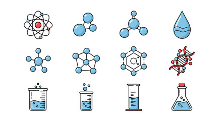 Collection of flat icons representing scientific concepts including atoms, molecules, DNA strands, water drops, and laboratory equipment like beakers and flasks, perfect for educational or