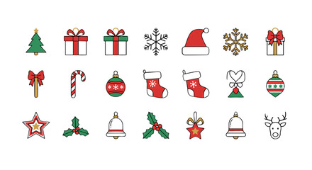 A vibrant collection of Christmas line icons, featuring festive symbols like a Christmas tree, gift boxes, snowflakes, Santa hat, candy cane, ornaments, stockings, holly, bells, stars, and a